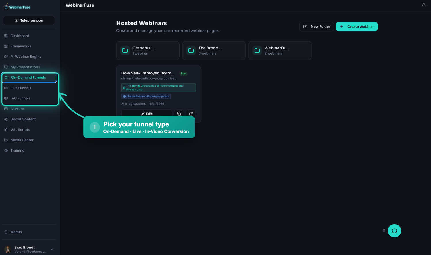 Choosing a funnel type from the WebinarFuse side menu