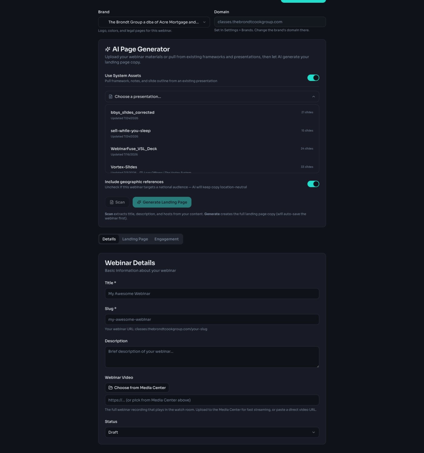 The AI Page Generator pulling from a saved Framework and Presentation