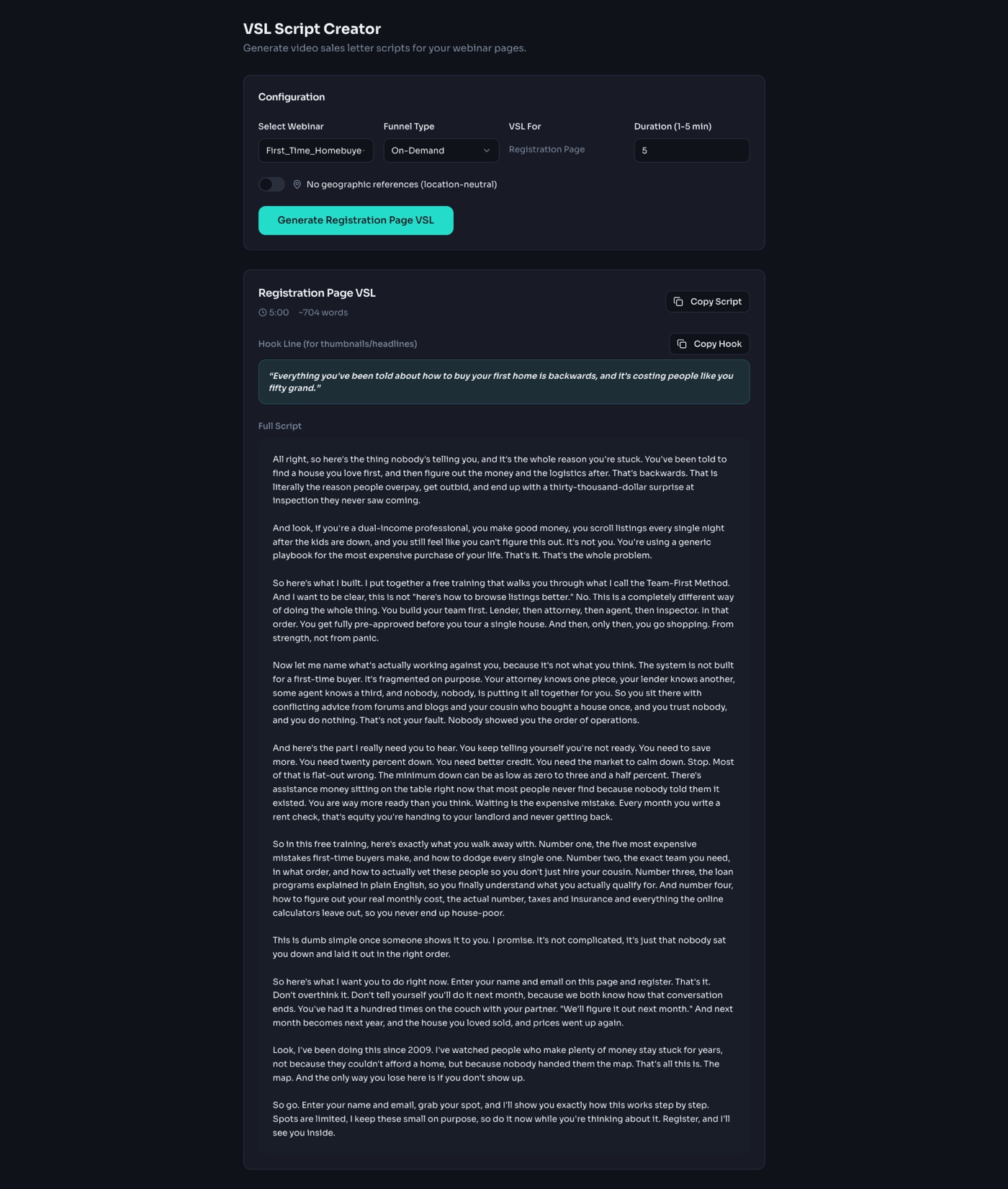 A generated video sales letter script